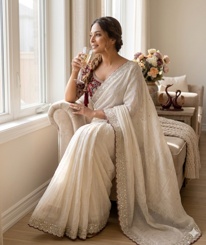Off White Embellished Georgette Saree with Sequins Border & Designer Blouse | Festive, Wedding & Reception Wear Saree