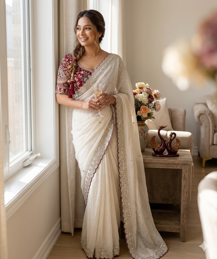 Off White Embellished Georgette Saree with Sequins Border & Designer Blouse | Festive, Wedding & Reception Wear Saree