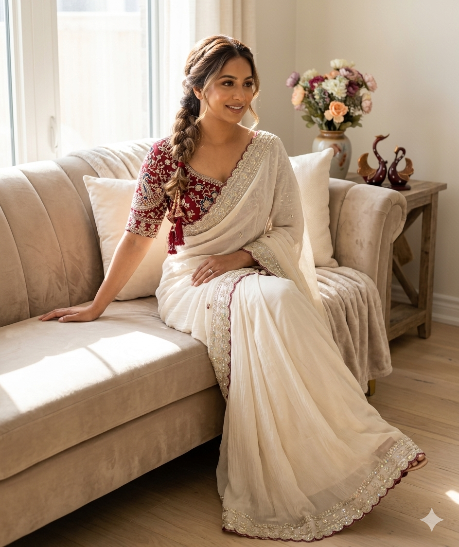 Off White Embellished Georgette Saree with Sequins Border & Designer Blouse | Festive, Wedding & Reception Wear Saree