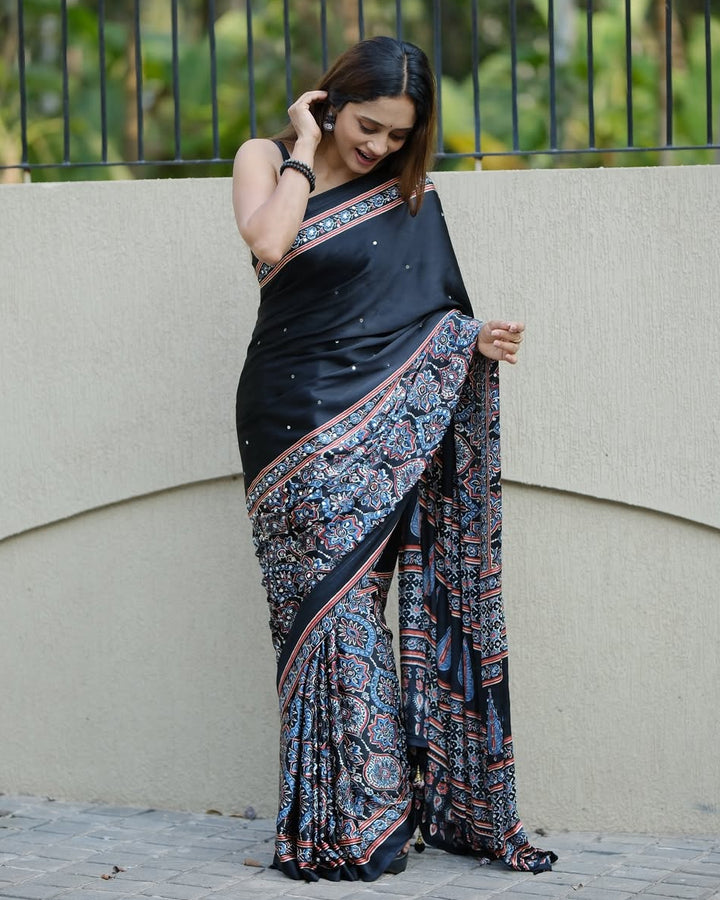 Black Ajrakh Printed Modal Silk Saree with Designer Pallu & Attached Blouse | Traditional Ethnic, Festive & Office Wear Saree