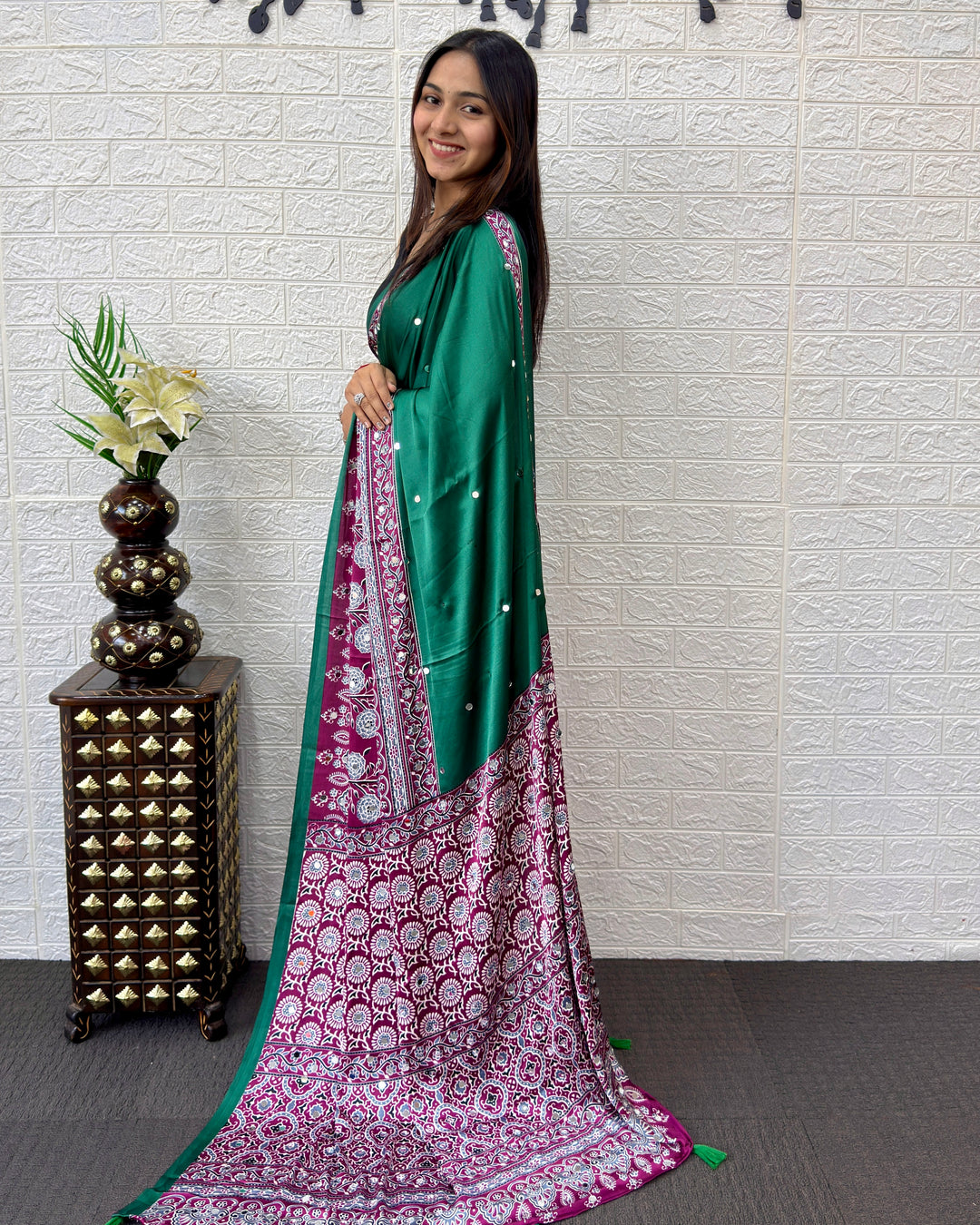 Emerald Green Ajrakh Printed Modal Silk Saree with Designer Pallu & Tassels | Traditional Ethnic, Festive & Office Wear Saree