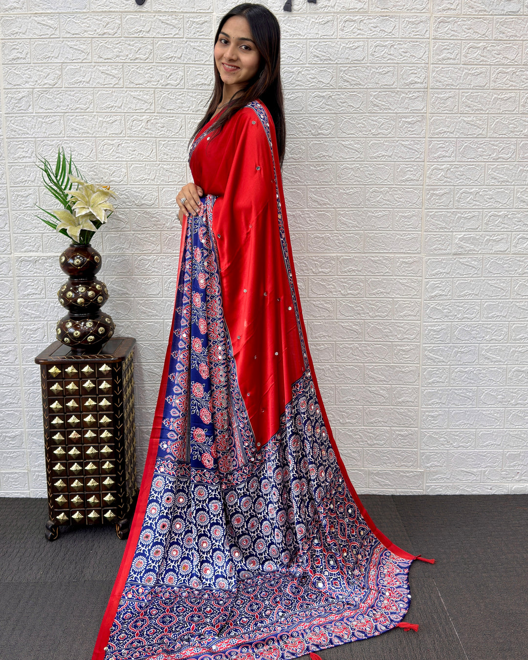 Scarlet Red Modal Silk Saree with Navy Blue Ajrakh Printed Designer Pallu & Tassel Detailing | Festive & Traditional Ethnic Wear Saree
