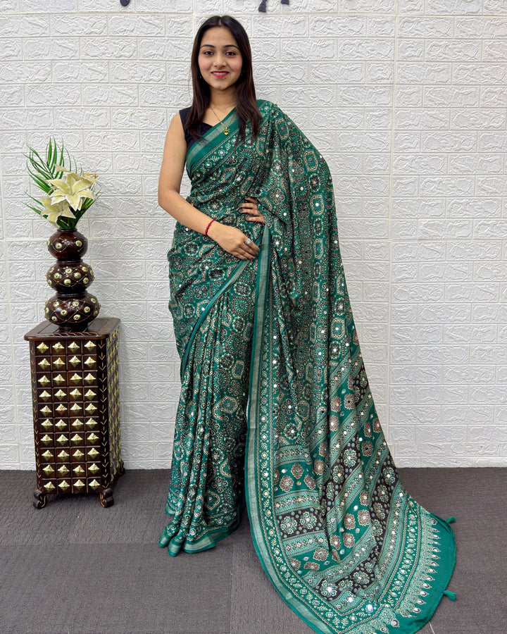 Emerald Green Modal Silk Saree with Traditional Ajrakh Print & Designer Pallu | Festive & Ethnic Wear Saree