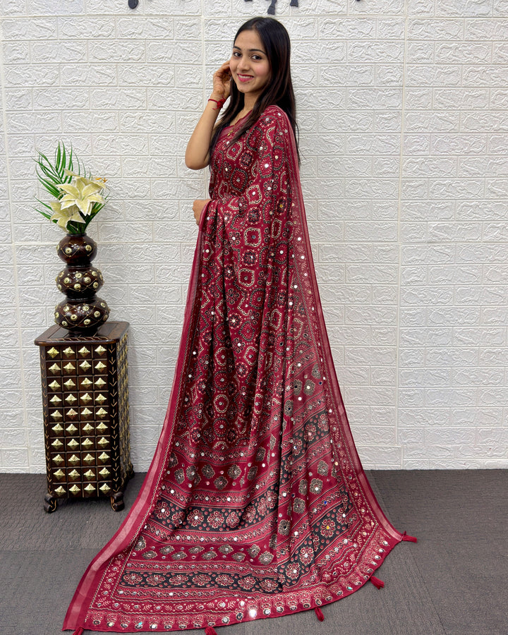 Wine Maroon Modal Silk Saree with Traditional Ajrakh Print & Designer Pallu | Festive Ethnic Wear Saree