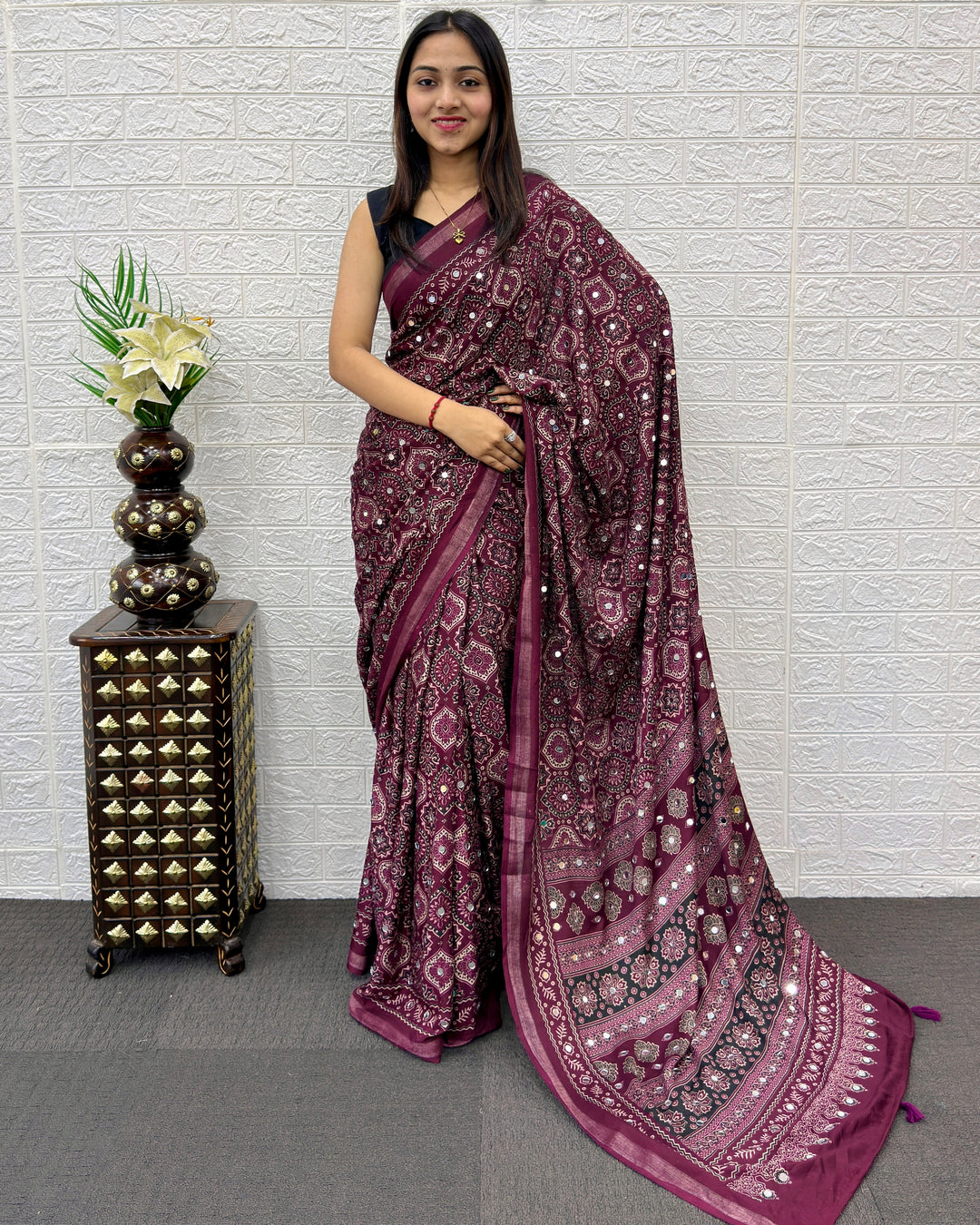Plum Purple Modal Silk Saree with Traditional Ajrakh Print & Mirror Work | Ethnic Festive Wear Saree