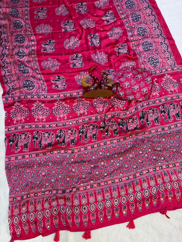Rani Pink Modal Silk Saree with Elephant Motif Ajrakh Print & Designer Pallu | Festive Ethnic Wear Saree