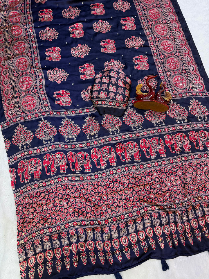 Navy Blue Modal Silk Saree with Elephant Motif Ajrakh Print & Heritage Designer Pallu | Traditional Festive Wear Saree