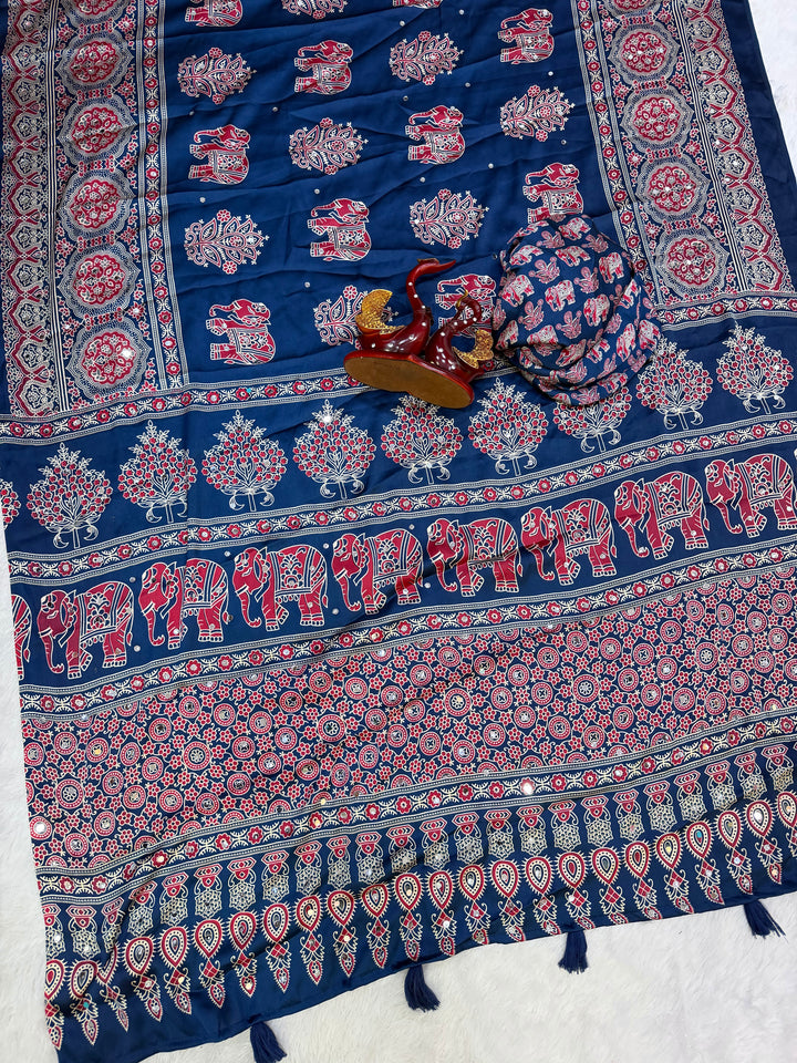 Royal Blue Modal Silk Saree with Elephant Motif Heritage Print & Designer Pallu | Traditional Festive Wear Saree