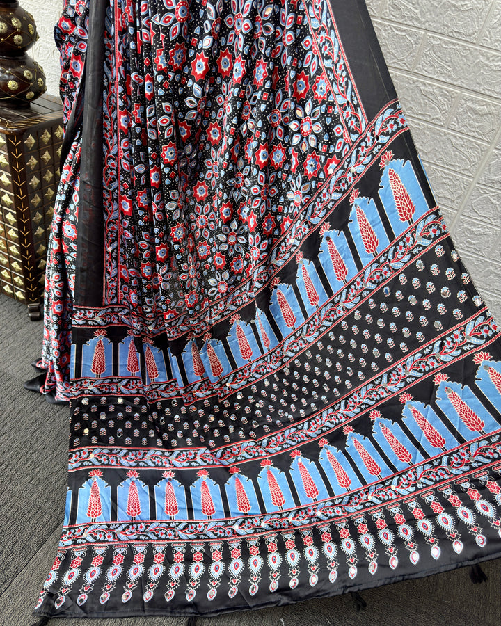 Black Modal Silk Saree with Geometric Floral Print & Heritage Designer Pallu | Festive & Party Wear Saree