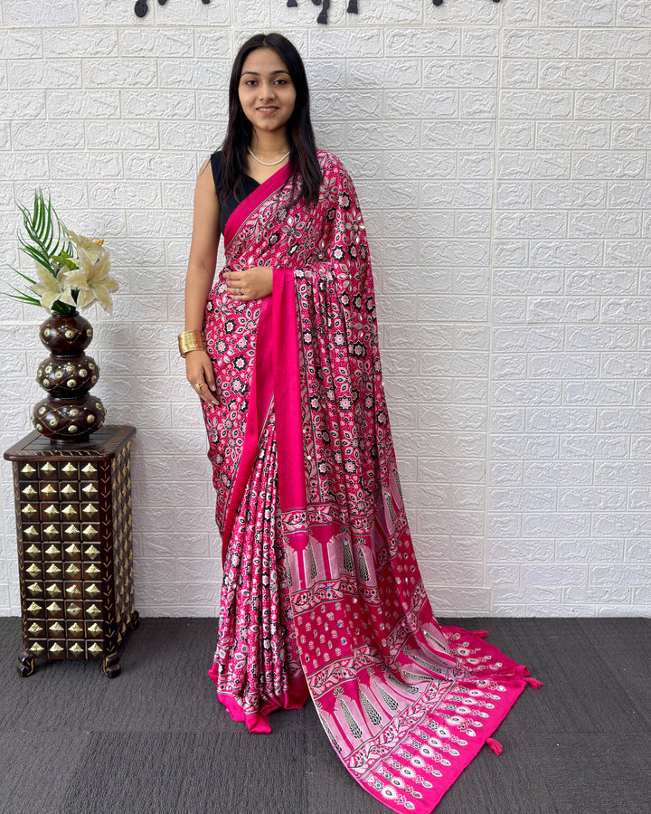 Rani Pink Modal Silk Saree with Geometric Floral Print & Heritage Designer Pallu | Festive & Party Wear Saree