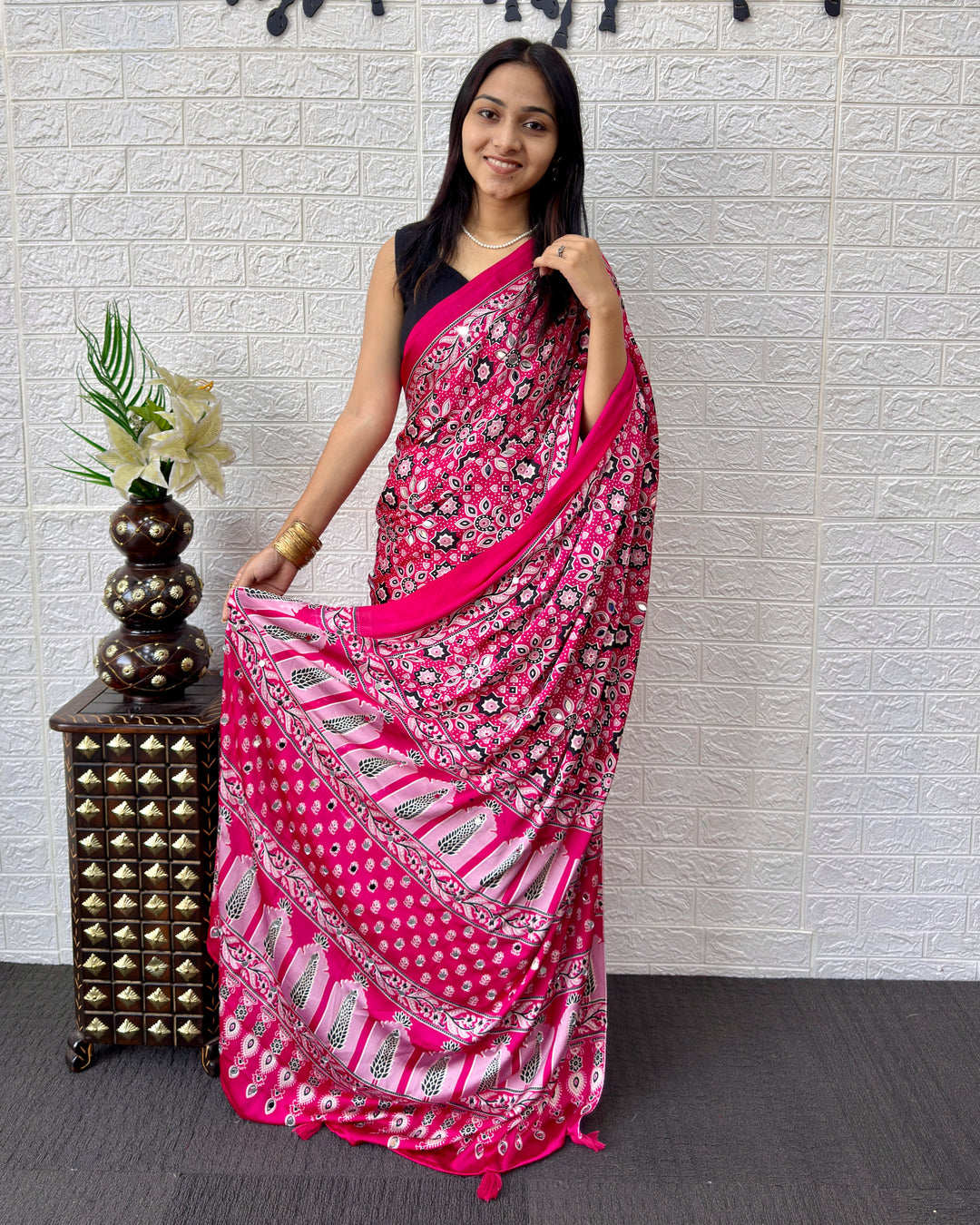 Rani Pink Modal Silk Saree with Geometric Floral Print & Heritage Designer Pallu | Festive & Party Wear Saree