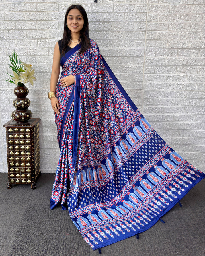Royal Blue Modal Silk Saree with Geometric Floral Print & Heritage Designer Pallu | Festive & Party Wear Saree