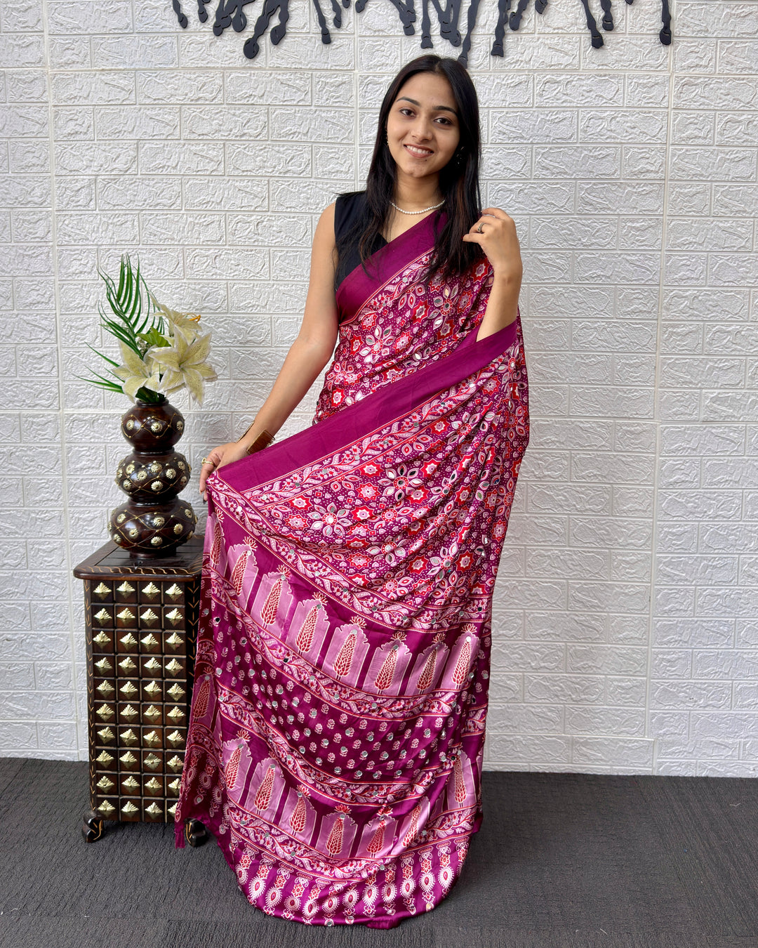 Purple Pink Modal Silk Saree with Geometric Floral Print & Heritage Designer Pallu | Festive & Party Wear Saree