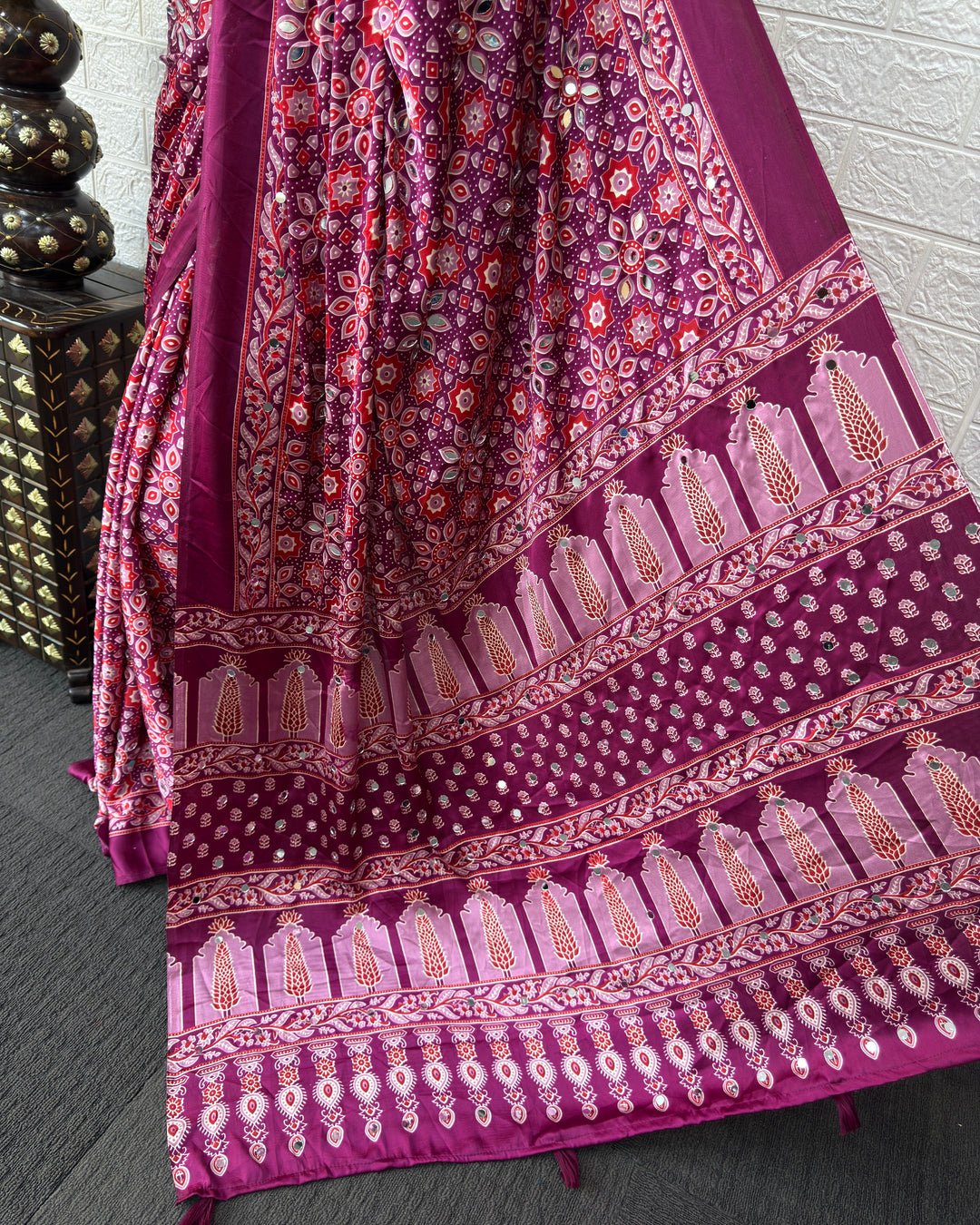 Purple Pink Modal Silk Saree with Geometric Floral Print & Heritage Designer Pallu | Festive & Party Wear Saree