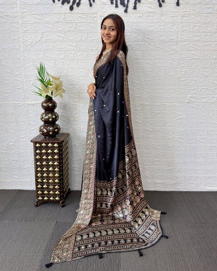 Black Satin Silk Saree with Kashmiri Paisley Print Pallu & Designer Border | Elegant Festive Wear Saree