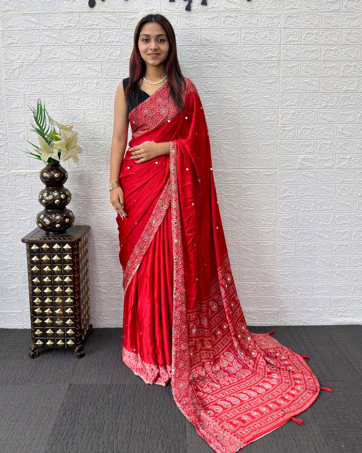 Red Satin Silk Saree with Kashmiri Paisley Print Pallu & Designer Border | Festive & Wedding Wear Saree