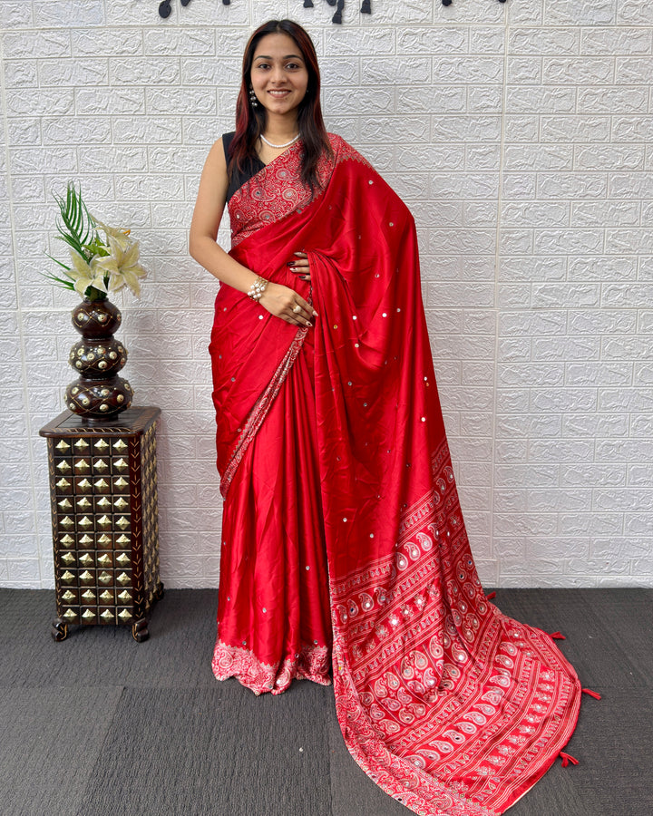 Red Satin Silk Saree with Kashmiri Paisley Print Pallu & Designer Border | Festive & Wedding Wear Saree