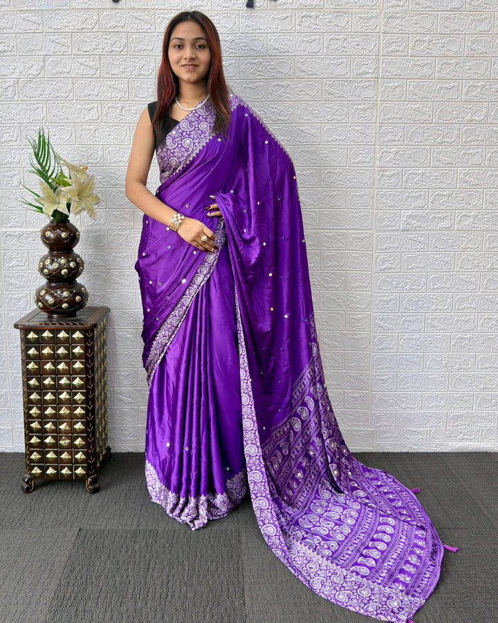 Royal Purple Satin Silk Saree with Kashmiri Paisley Print Pallu & Mirror Butti Detailing | Festive & Wedding Wear Saree