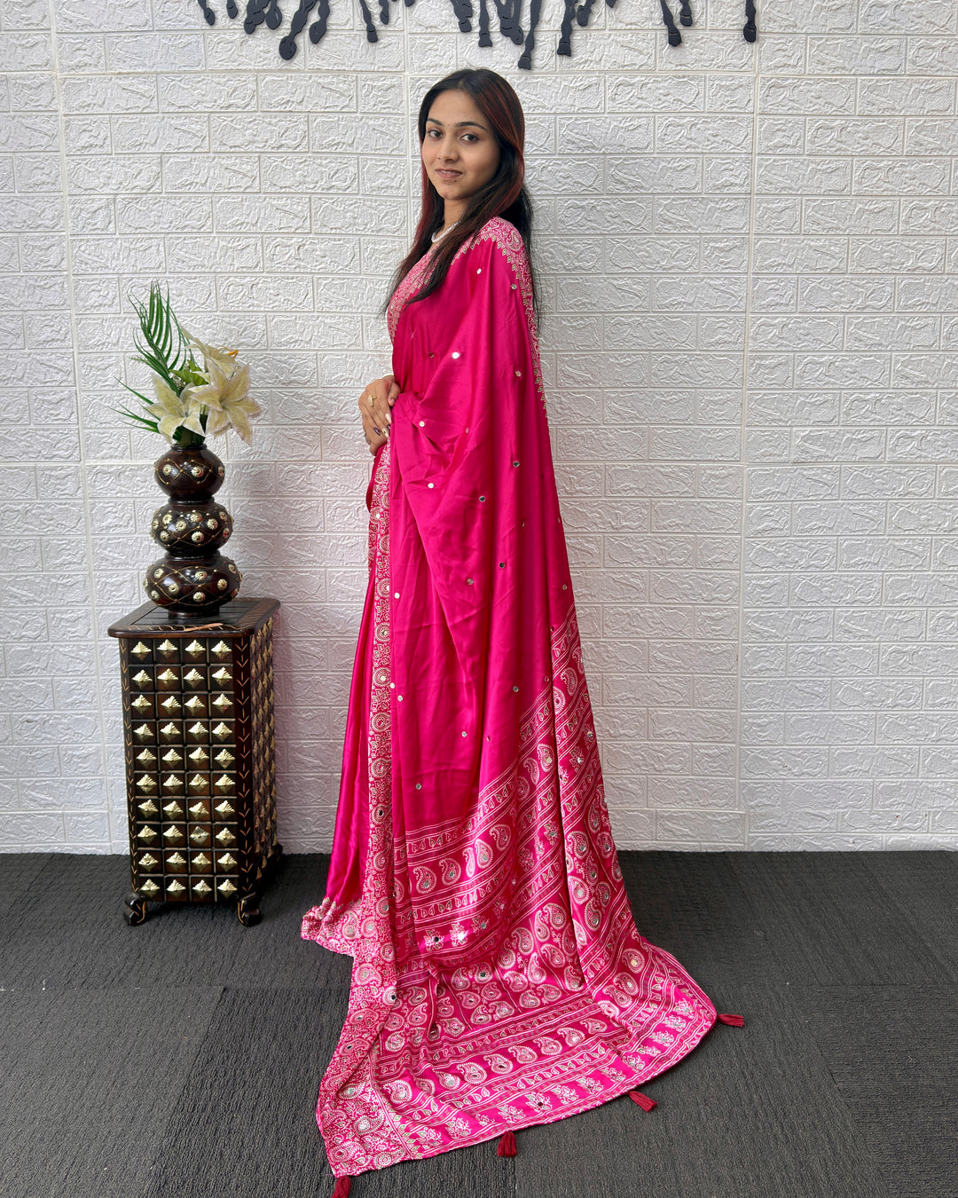 Rani Pink Satin Silk Saree with Kashmiri Paisley Print Pallu & Mirror Butti Detailing | Festive, Wedding & Party Wear Saree