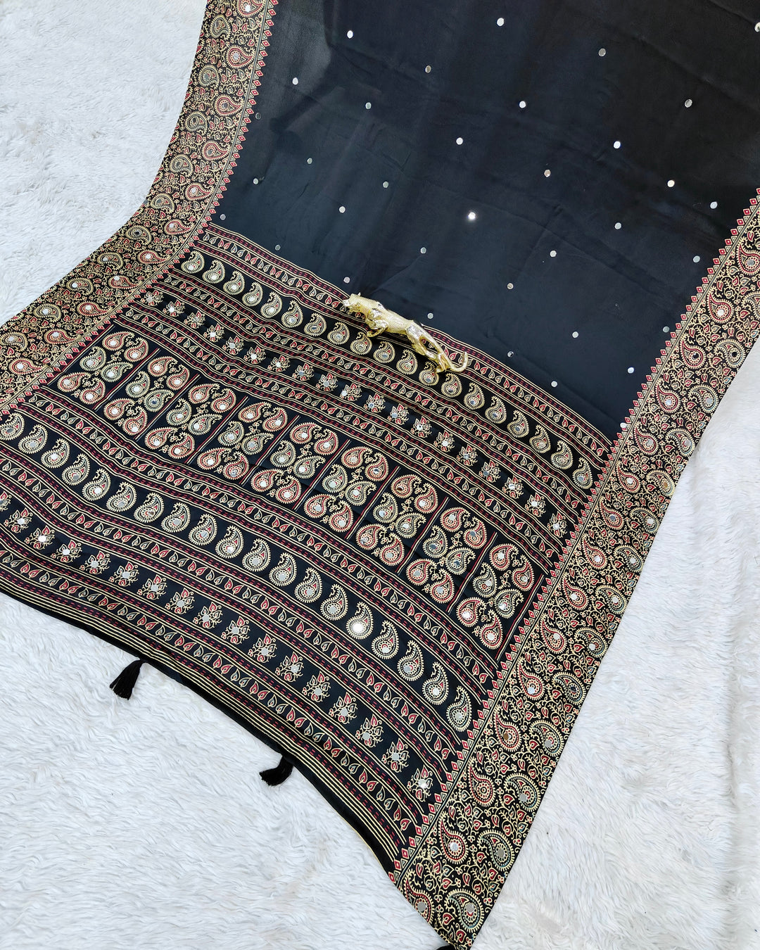 Black Satin Silk Saree with Kashmiri Paisley Print Pallu & Designer Border | Elegant Festive Wear Saree