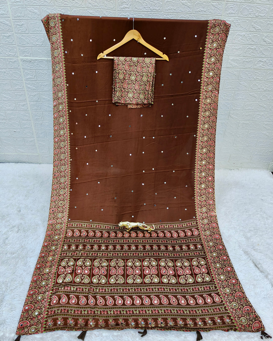 Chocolate Brown Satin Silk Saree with Kashmiri Paisley Print Pallu & Designer Border | Festive, Wedding & Party Wear Saree