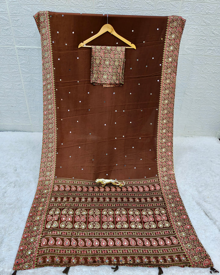 Chocolate Brown Satin Silk Saree with Kashmiri Paisley Print Pallu & Designer Border | Festive, Wedding & Party Wear Saree