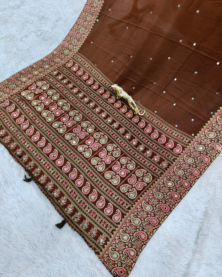 Chocolate Brown Satin Silk Saree with Kashmiri Paisley Print Pallu & Designer Border | Festive, Wedding & Party Wear Saree