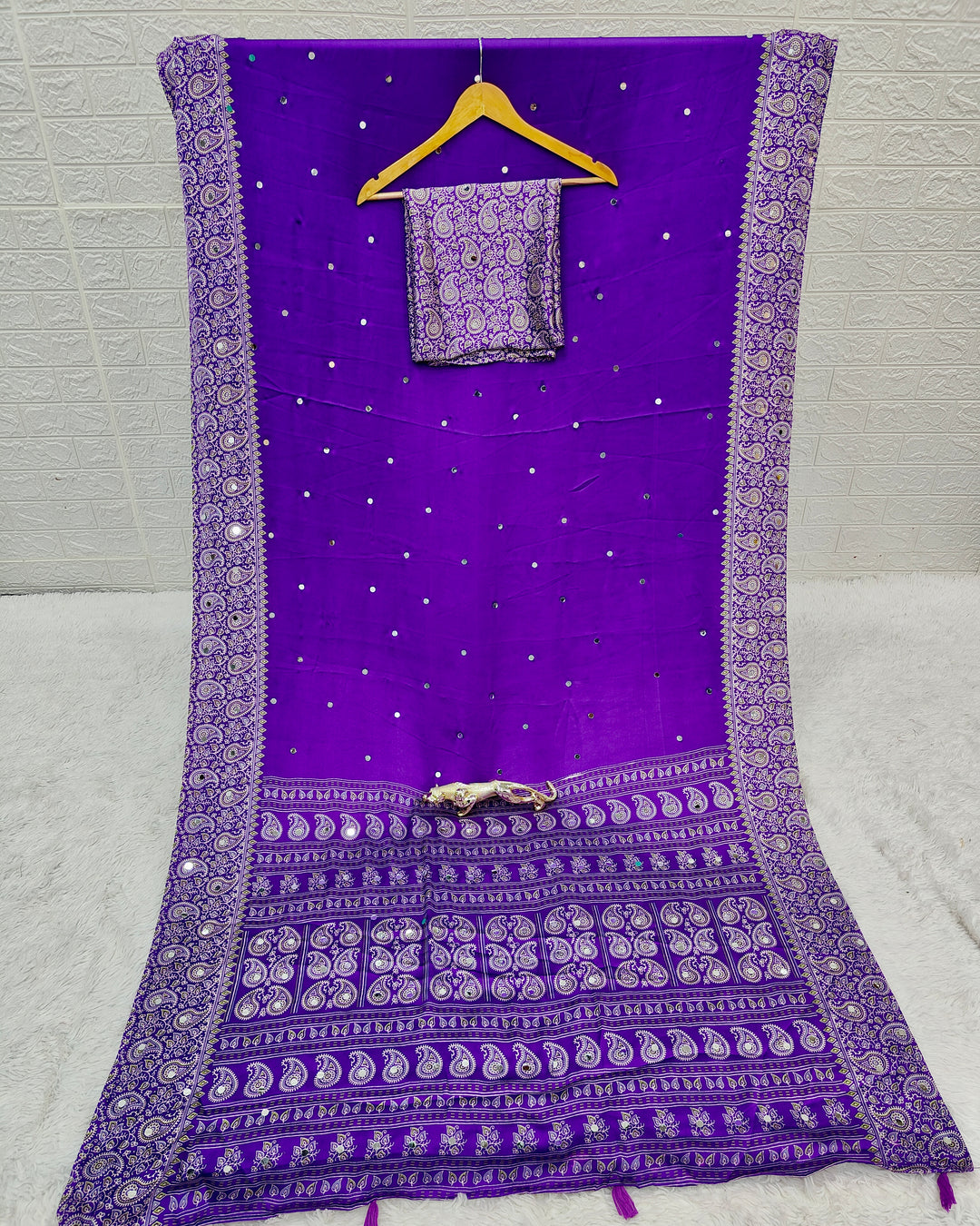 Royal Purple Satin Silk Saree with Kashmiri Paisley Print Pallu & Mirror Butti Detailing | Festive & Wedding Wear Saree