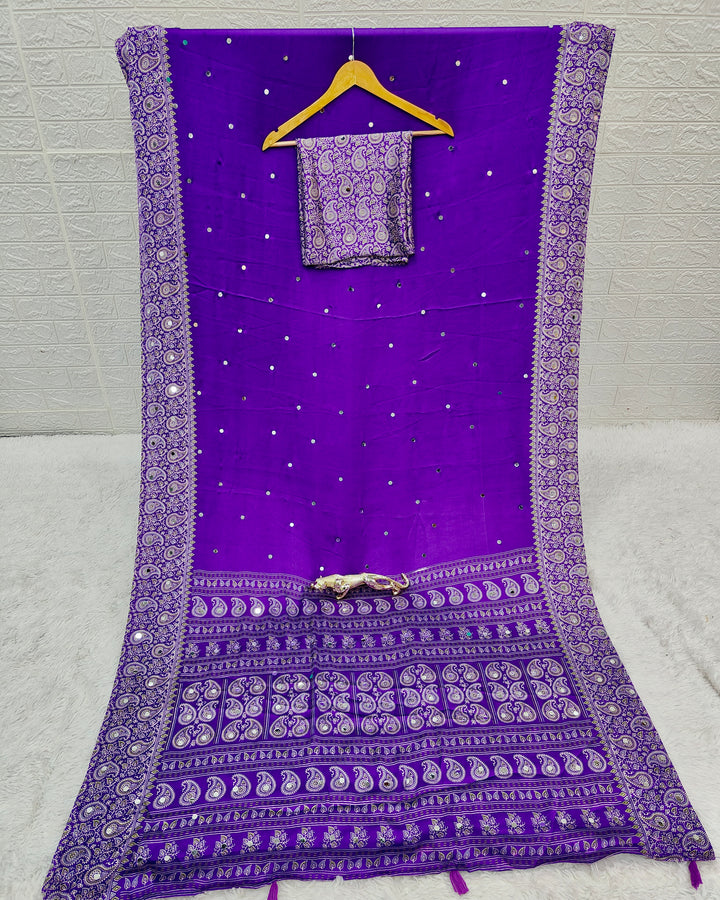 Royal Purple Satin Silk Saree with Kashmiri Paisley Print Pallu & Mirror Butti Detailing | Festive & Wedding Wear Saree