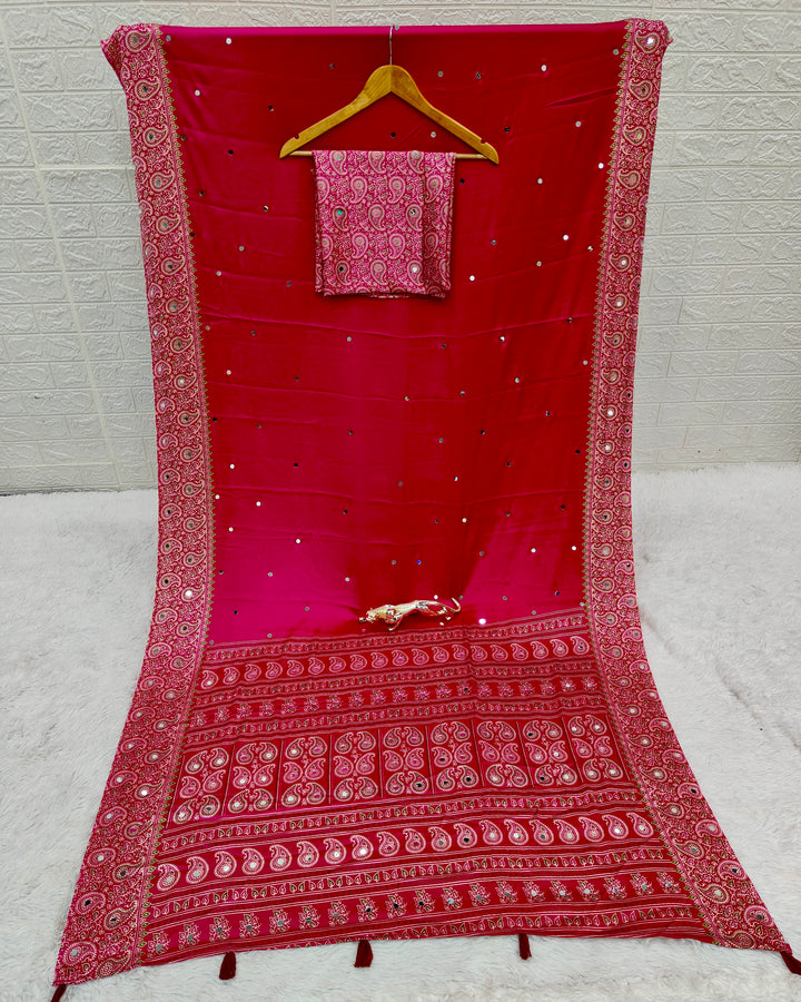 Rani Pink Satin Silk Saree with Kashmiri Paisley Print Pallu & Mirror Butti Detailing | Festive, Wedding & Party Wear Saree