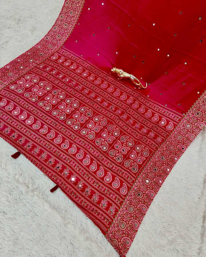 Rani Pink Satin Silk Saree with Kashmiri Paisley Print Pallu & Mirror Butti Detailing | Festive, Wedding & Party Wear Saree