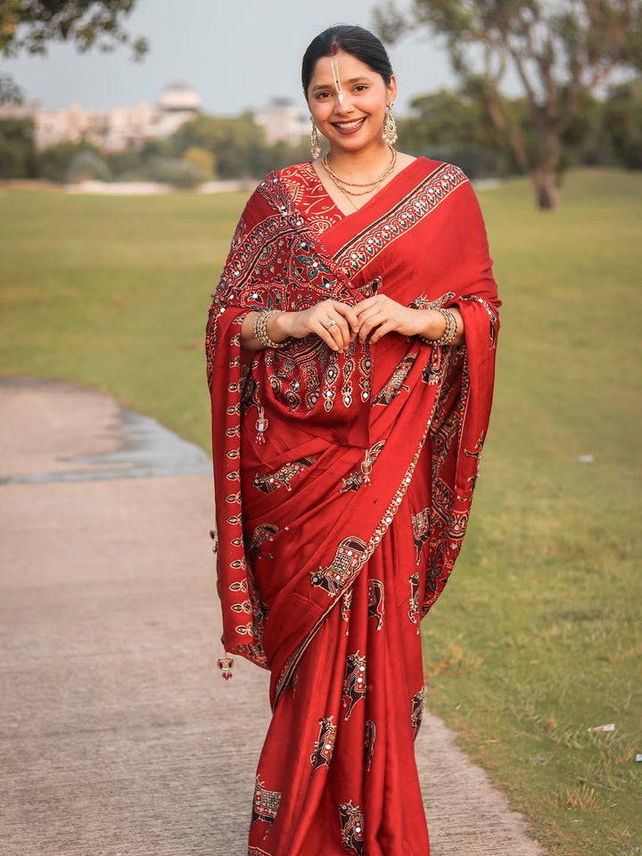 Red Modal Silk Ajrakh Printed Saree with Traditional Cow Motifs & Designer Pallu