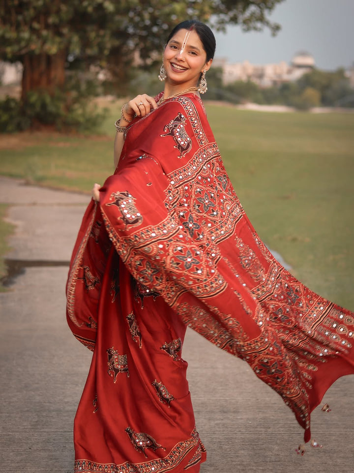 Red Modal Silk Ajrakh Printed Saree with Traditional Cow Motifs & Designer Pallu