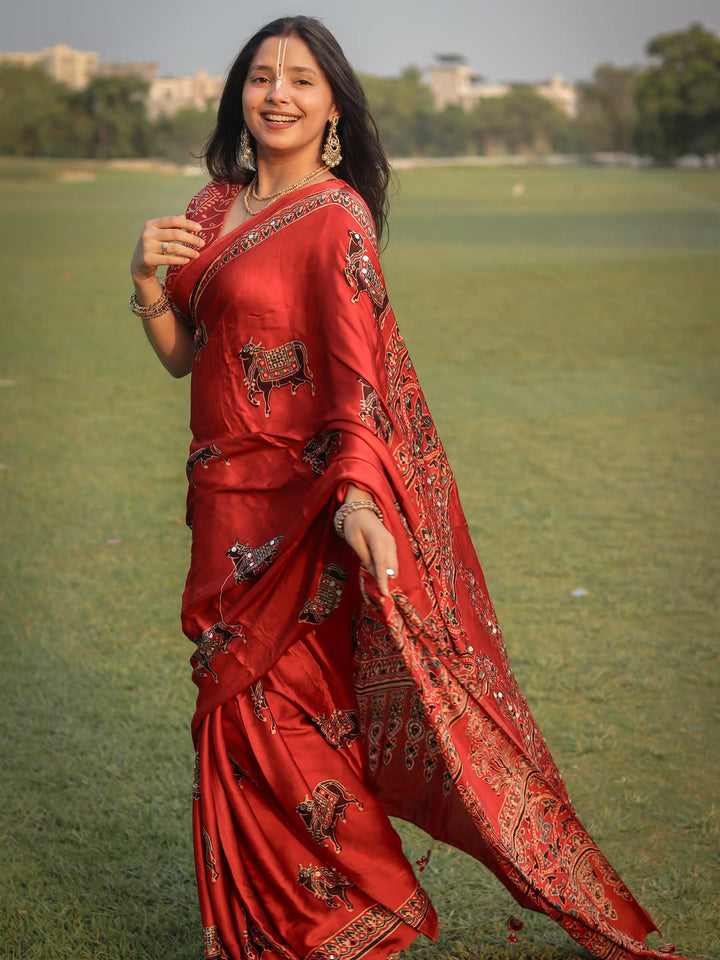 Red Modal Silk Ajrakh Printed Saree with Traditional Cow Motifs & Designer Pallu