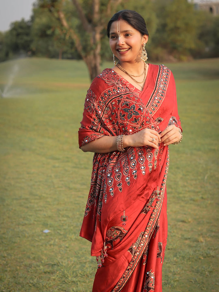 Red Modal Silk Ajrakh Printed Saree with Traditional Cow Motifs & Designer Pallu