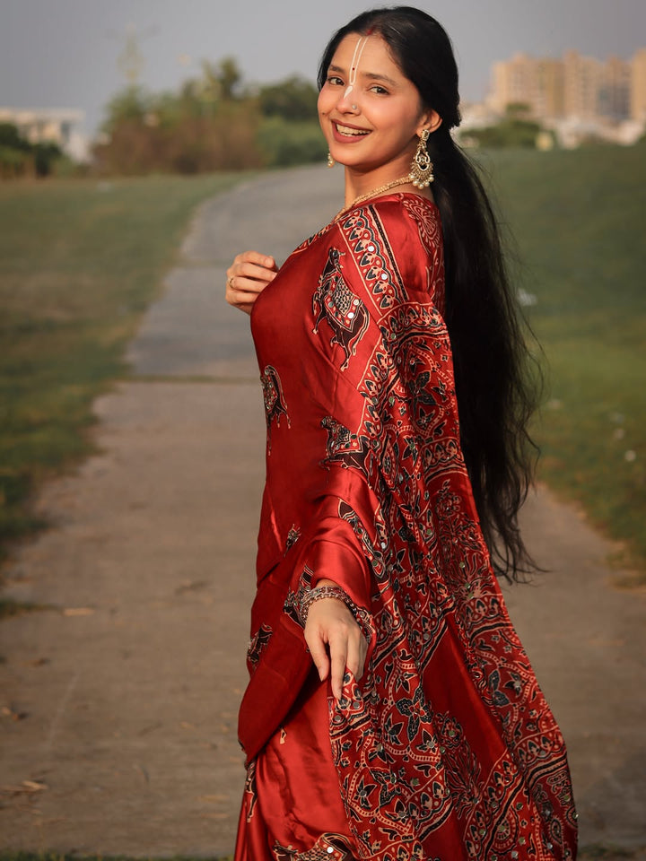 Red Modal Silk Ajrakh Printed Saree with Traditional Cow Motifs & Designer Pallu