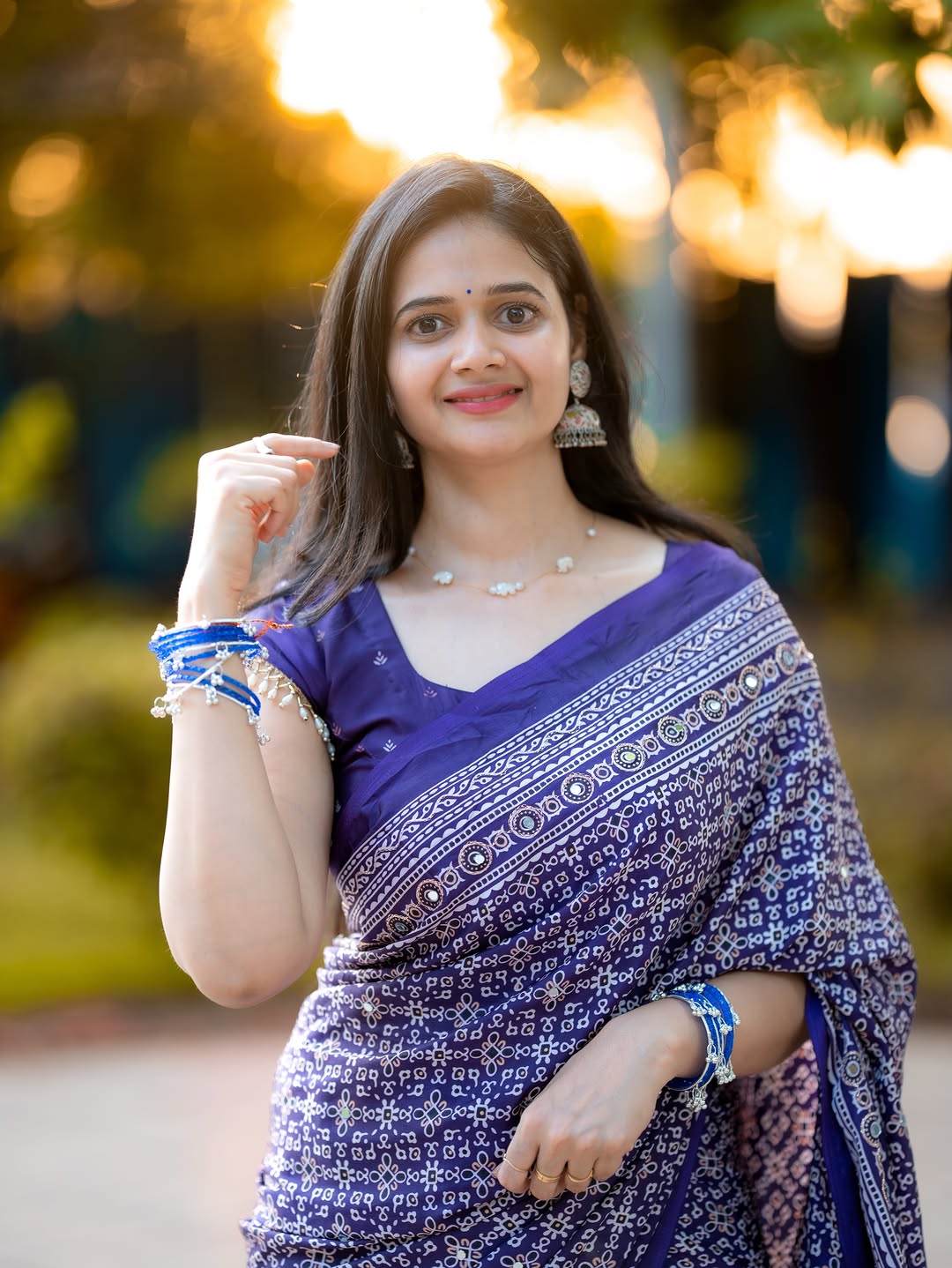 Purple Modal Silk Ajrakh Printed Saree with Designer Pallu & Running Blouse