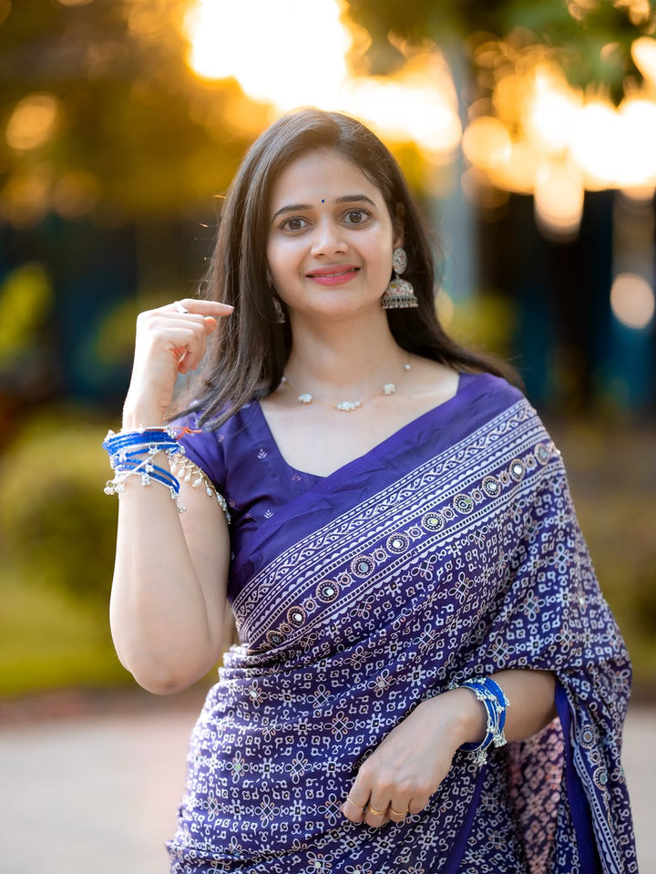 Purple Modal Silk Ajrakh Printed Saree with Designer Pallu & Running Blouse