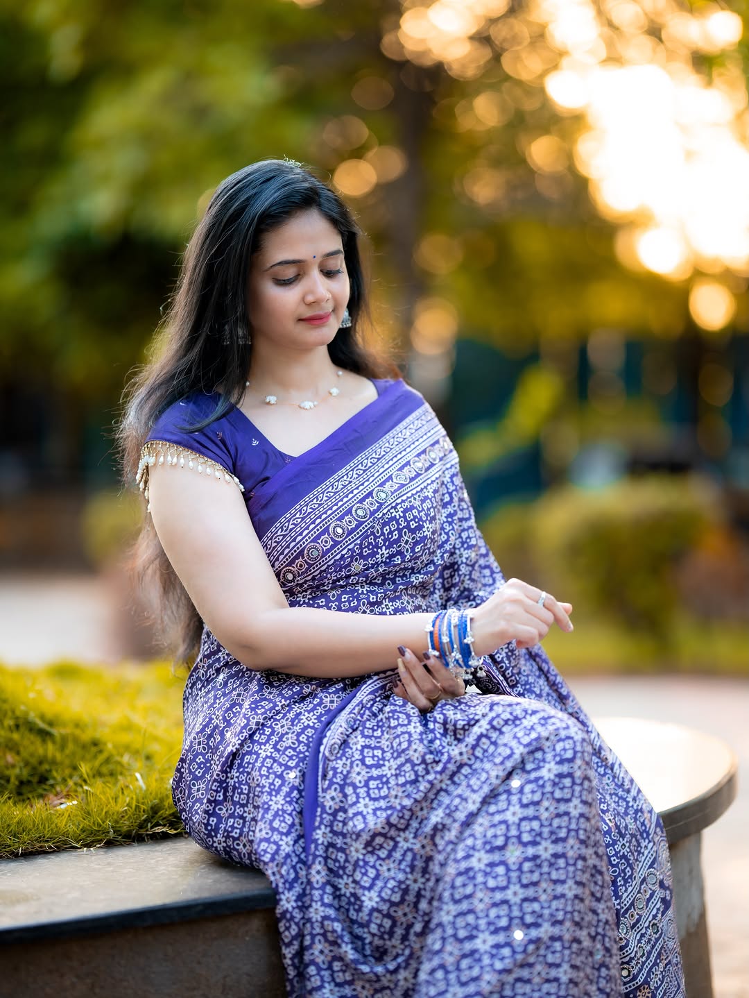 Purple Modal Silk Ajrakh Printed Saree with Designer Pallu & Running Blouse