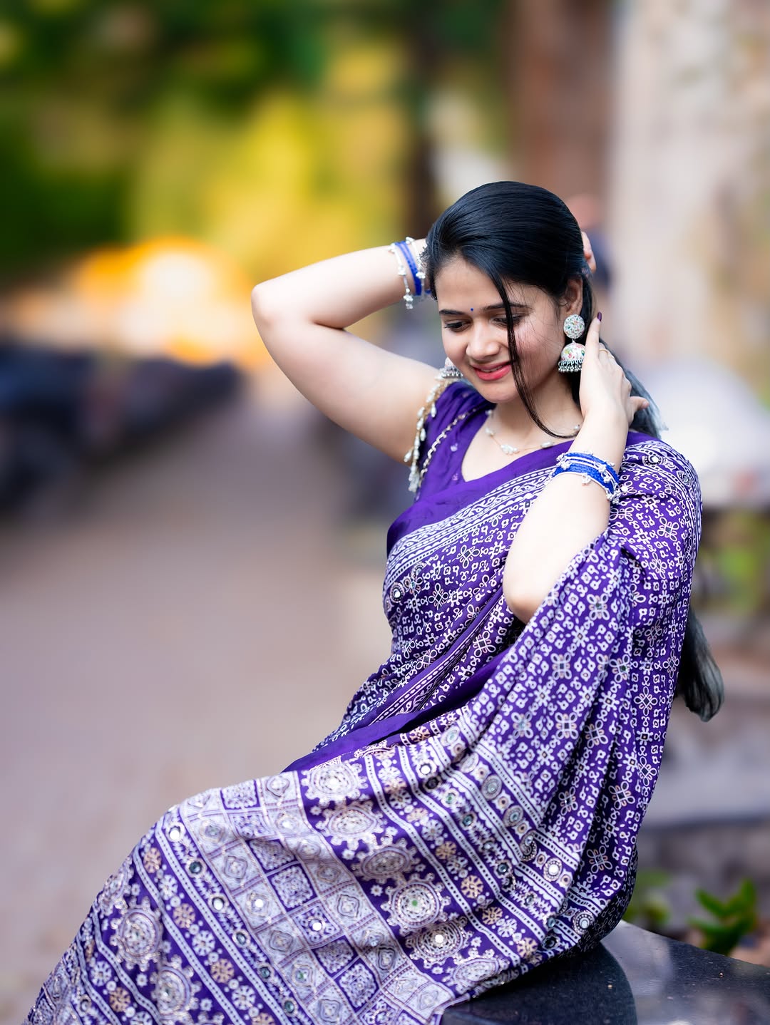 Purple Modal Silk Ajrakh Printed Saree with Designer Pallu & Running Blouse