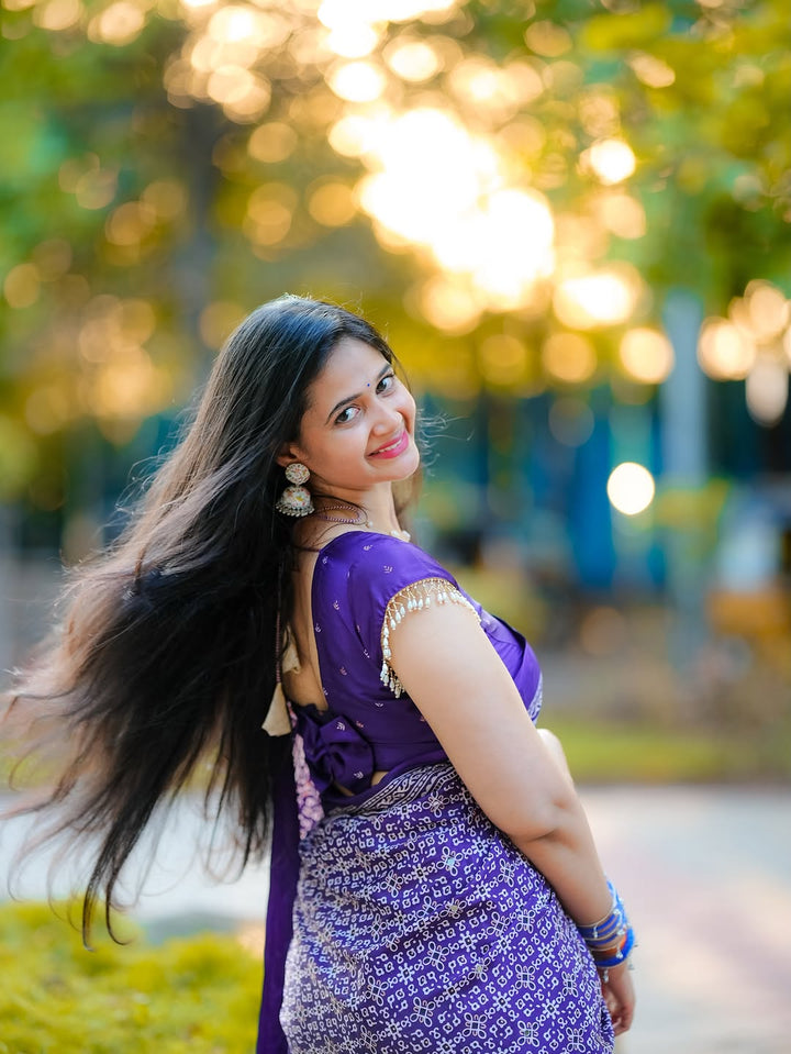 Purple Modal Silk Ajrakh Printed Saree with Designer Pallu & Running Blouse