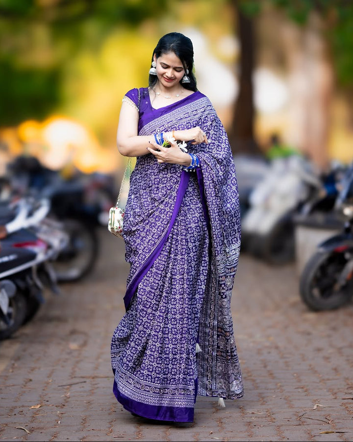 Purple Modal Silk Ajrakh Printed Saree with Designer Pallu & Running Blouse