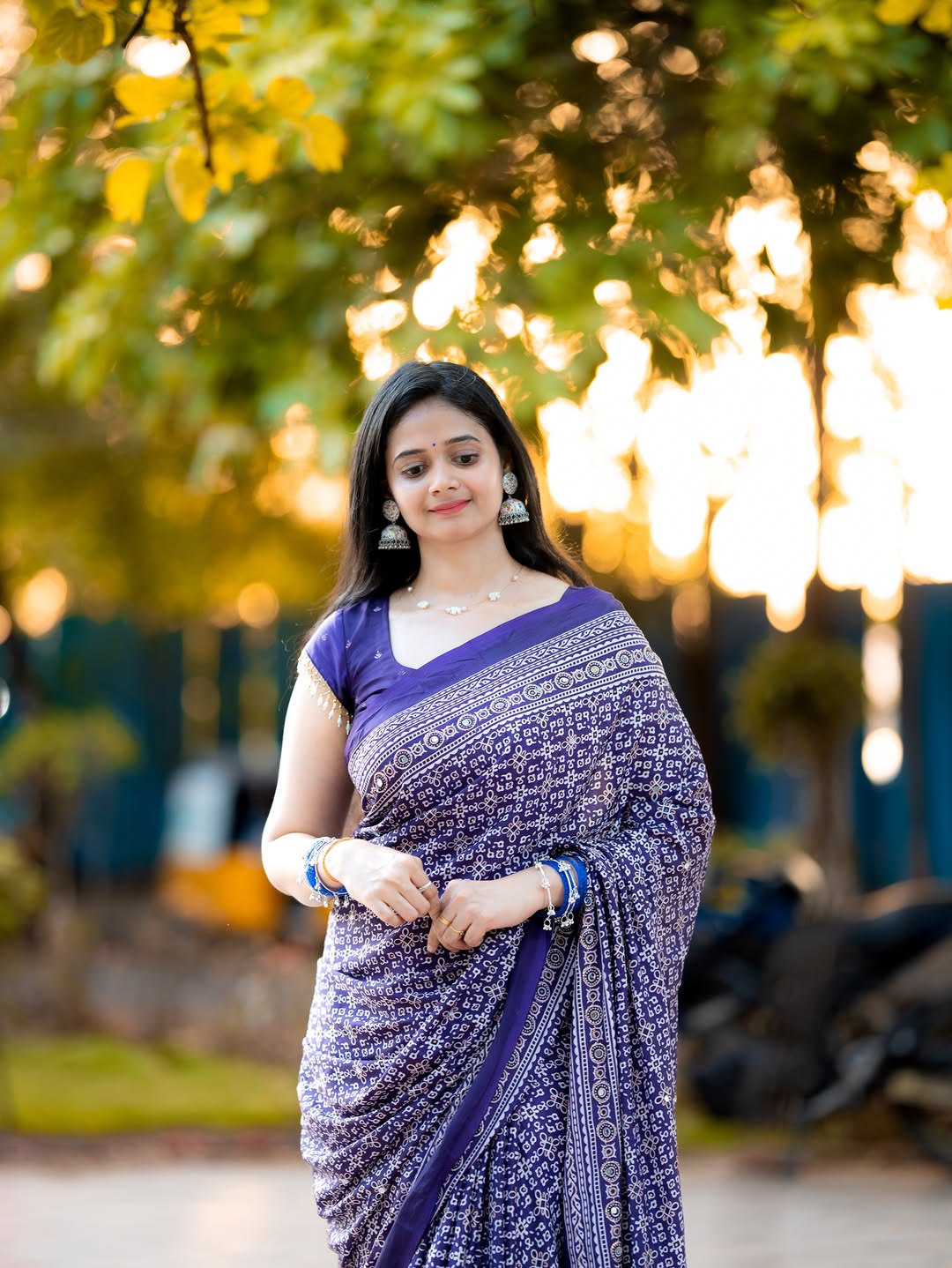 Purple Modal Silk Ajrakh Printed Saree with Designer Pallu & Running Blouse