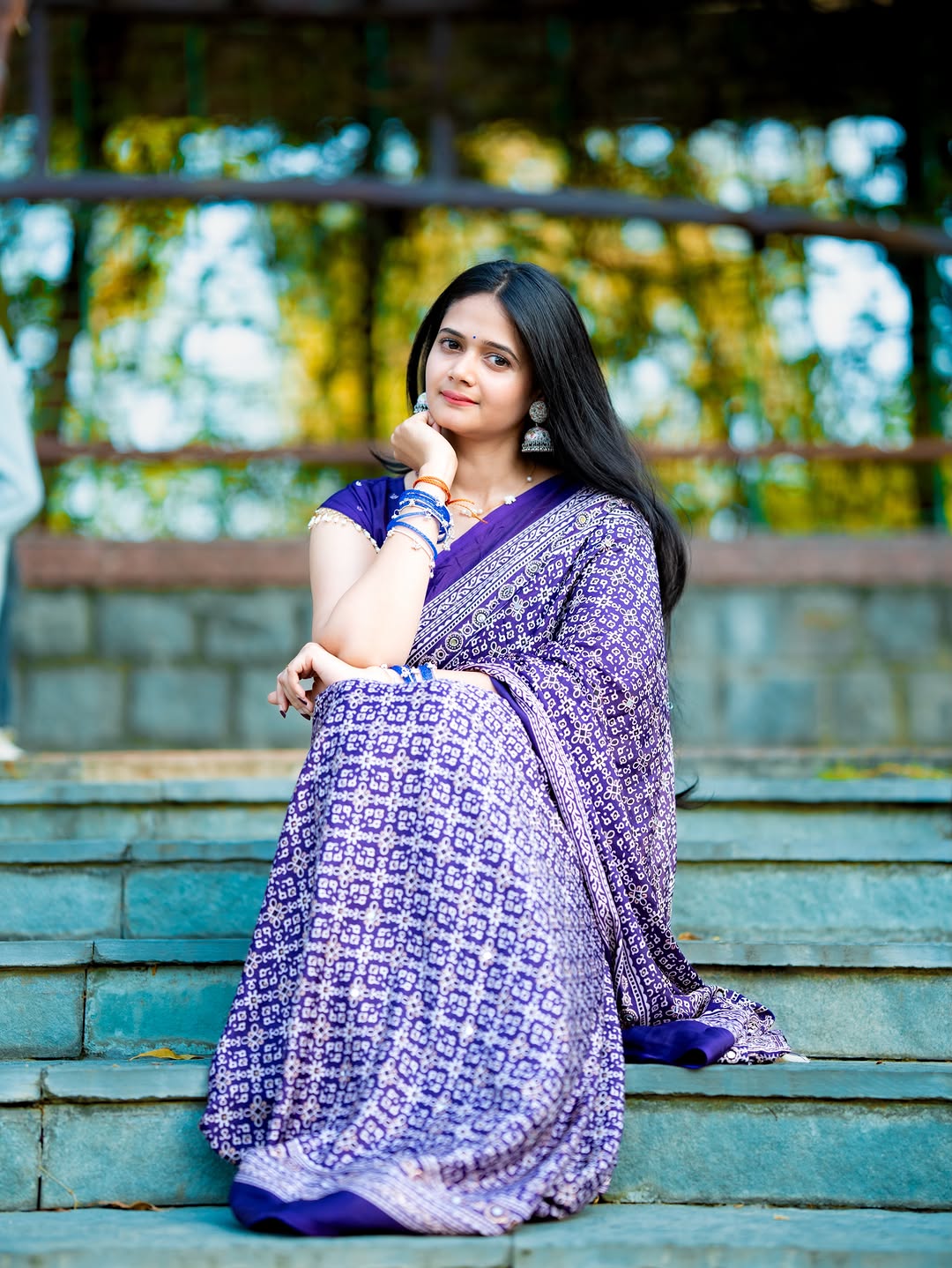 Purple Modal Silk Ajrakh Printed Saree with Designer Pallu & Running Blouse
