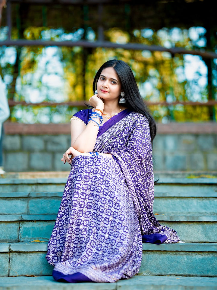 Purple Modal Silk Ajrakh Printed Saree with Designer Pallu & Running Blouse