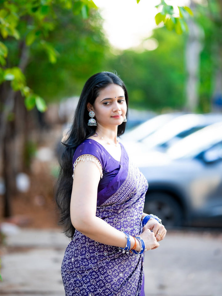 Purple Modal Silk Ajrakh Printed Saree with Designer Pallu & Running Blouse