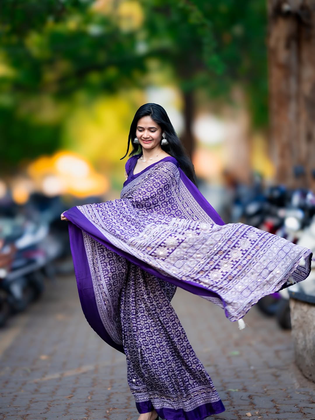 Purple Modal Silk Ajrakh Printed Saree with Designer Pallu & Running Blouse