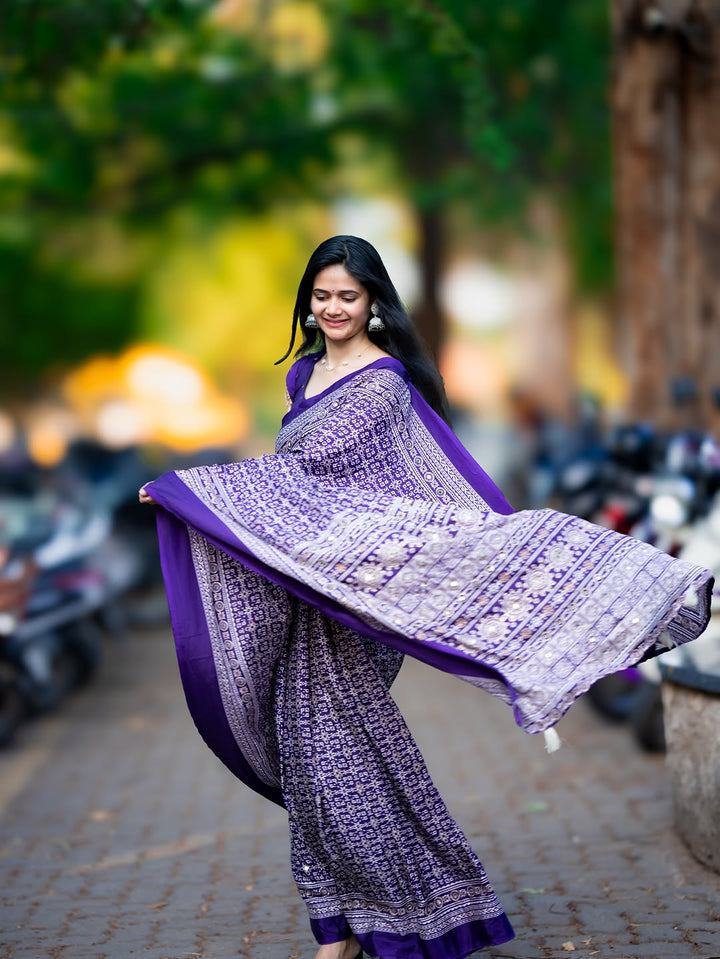 Purple Modal Silk Ajrakh Printed Saree with Designer Pallu & Running Blouse