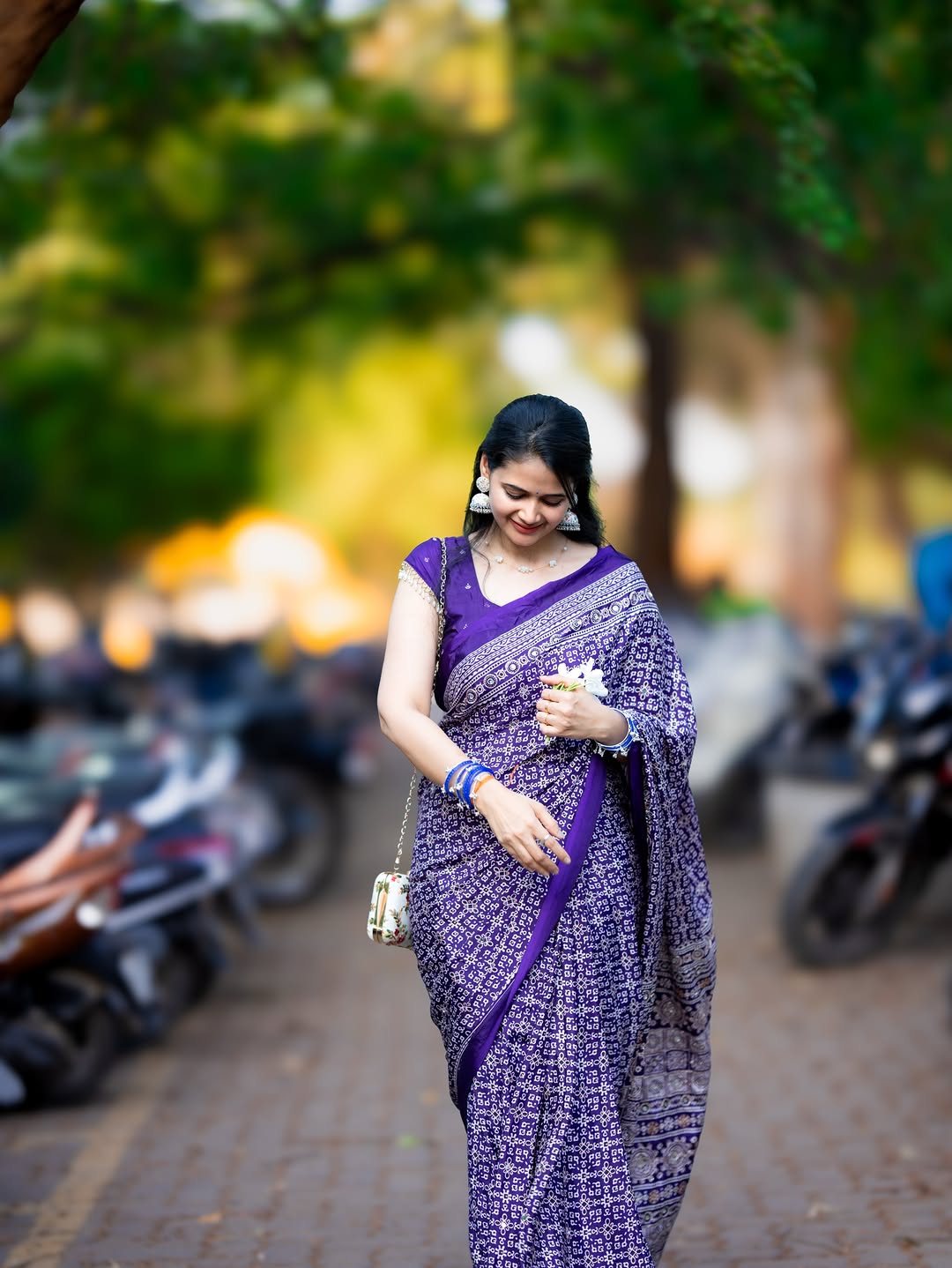 Purple Modal Silk Ajrakh Printed Saree with Designer Pallu & Running Blouse