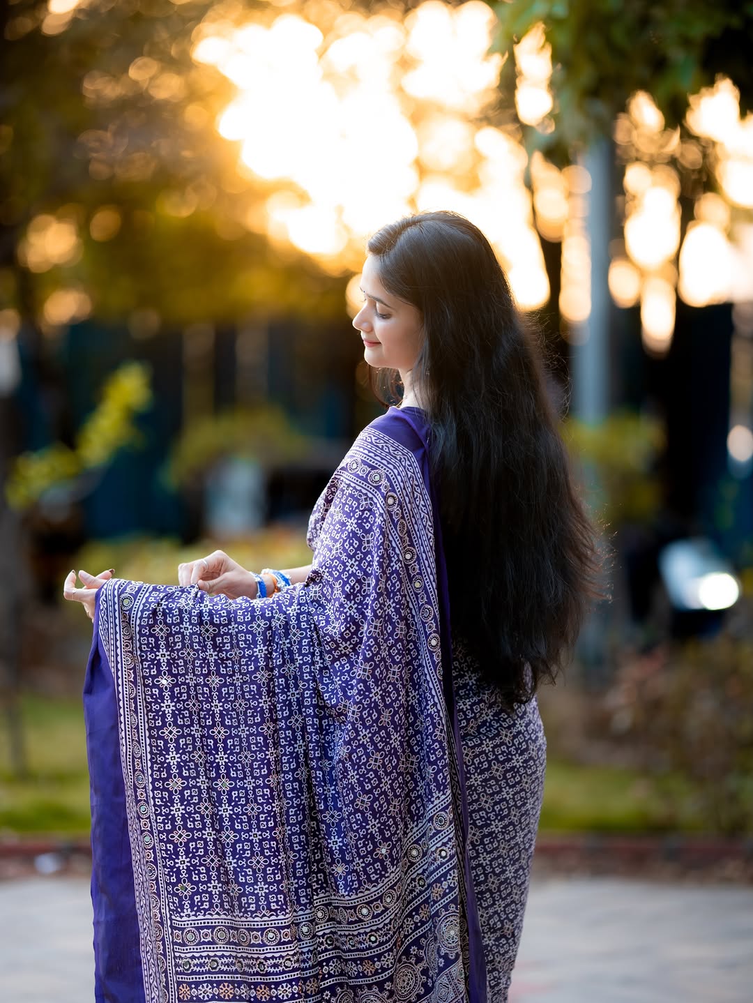 Purple Modal Silk Ajrakh Printed Saree with Designer Pallu & Running Blouse